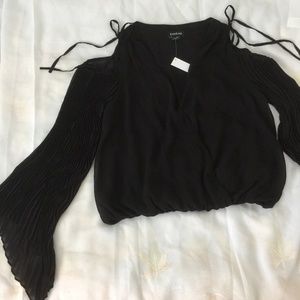 Bebe Pleated Sleeves cutout Shoulder Blouse